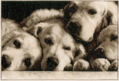 Borduurpakket van 4 labradors in sepia kleuren.